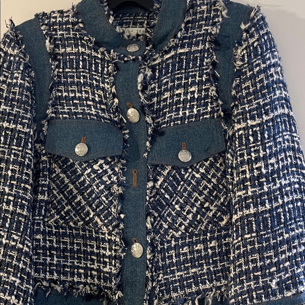 Veronica Beard Navy, White & Black Tweed Fringed Bomber Jacket